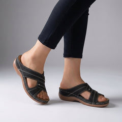 Black orthopedic open toe wedge sandals with T-strap and rhinestones, stylish and supportive footwear for women.