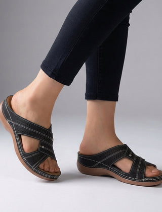 Black orthopedic open toe wedge sandals with T-strap and rhinestones, stylish and supportive footwear for women.