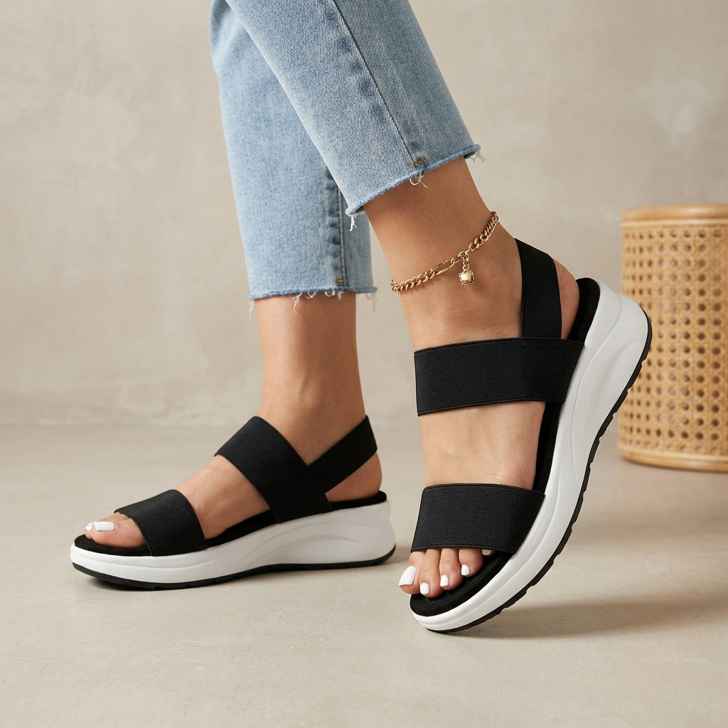 Black women's orthopedic sandals with adjustable straps and flowy design, comfortable footwear from My Store.