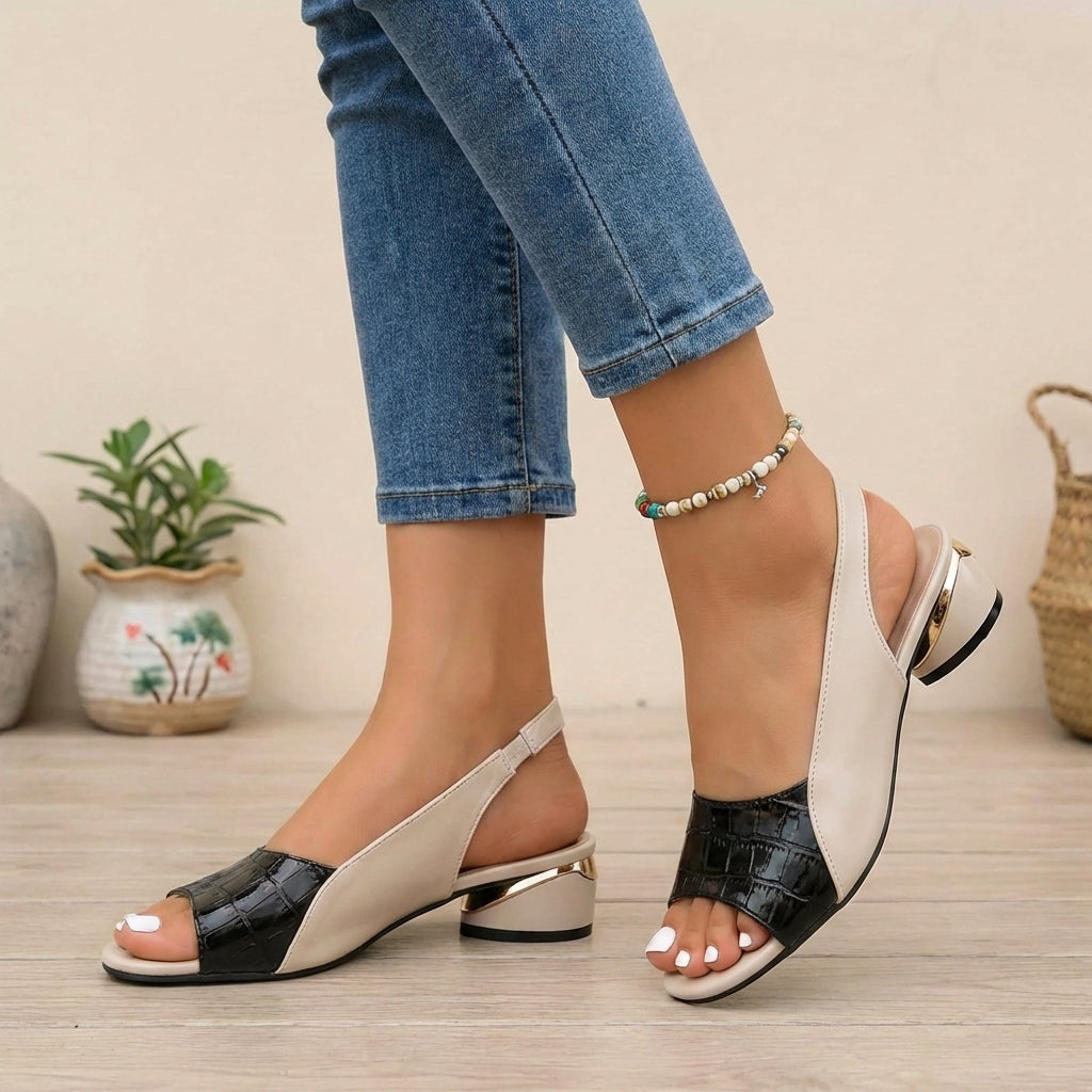 Black textured slingback block heel sandals with open toe and gold accent, stylish women's footwear by My Store.