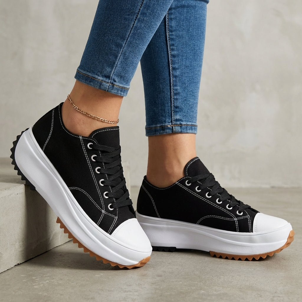 Black women's orthopedic sneakers with lace-up design, offering support and comfort from My Store.
