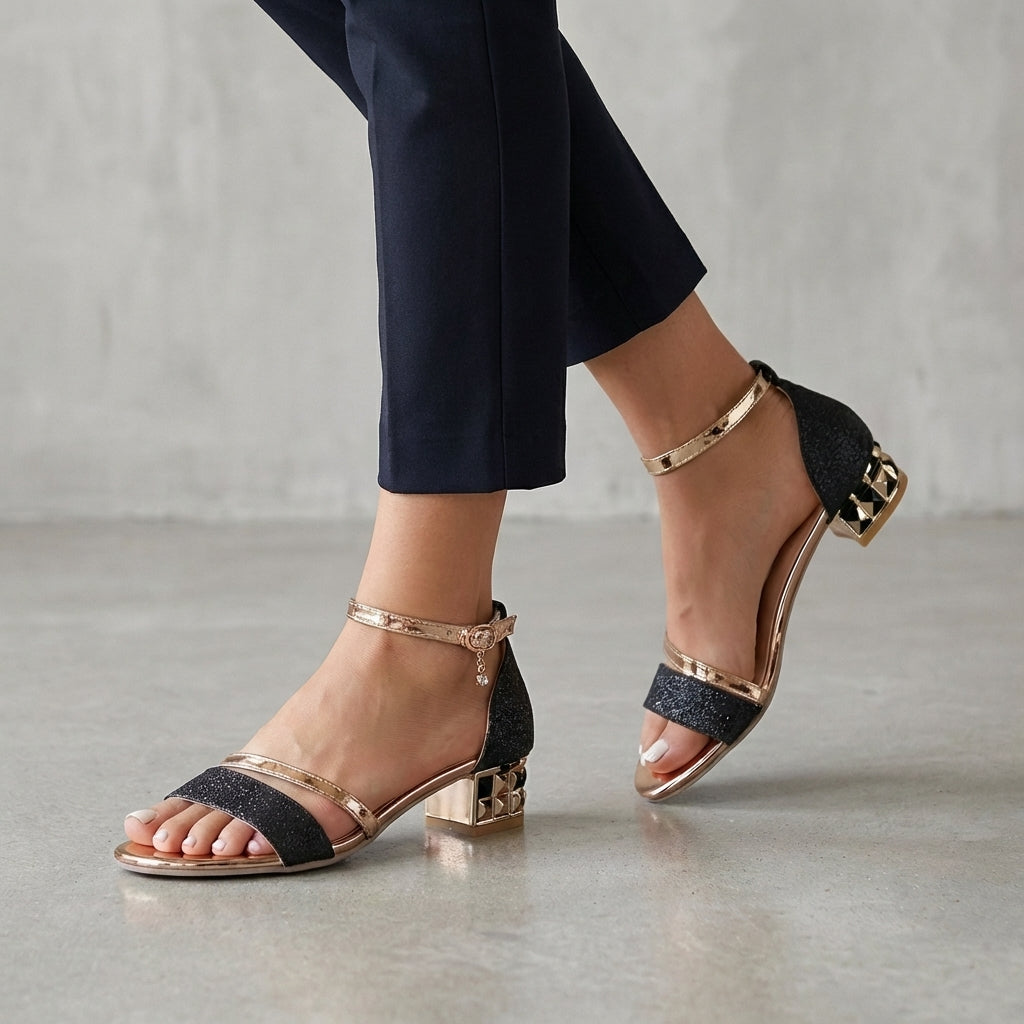 Black metallic block-heel ankle-strap sandals for women by Tammy Bradley, featuring stylish design and secure strap closure.