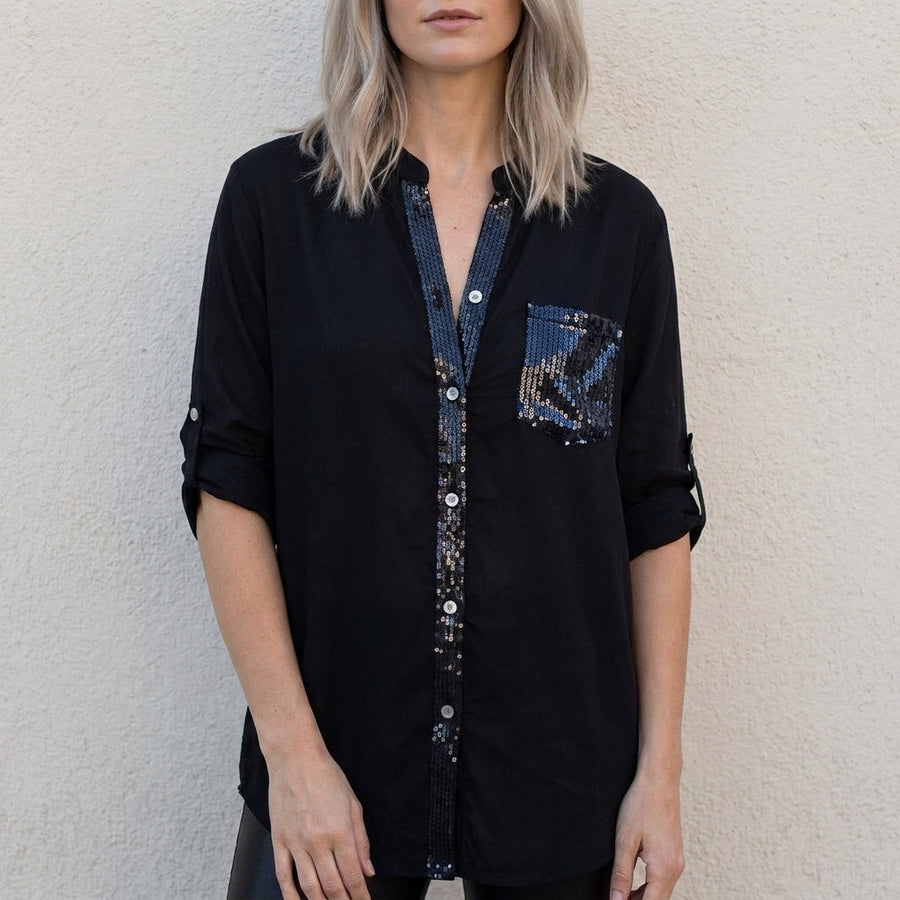 Black women's summer blouse with V-neck and button front, denim style, stylish top for warm weather.