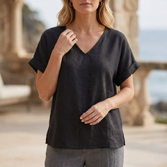 Black women's summer blouse with V-neck and short sleeves, denim fabric, stylish top from My Store.