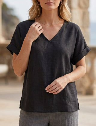 Black women's summer blouse with V-neck and short sleeves, denim fabric, stylish top from My Store.