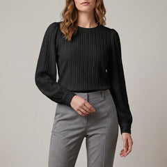Black long sleeve denim pleated summer blouse for women, stylish and lightweight top with a relaxed fit.