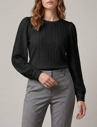 Black long sleeve denim pleated summer blouse for women, stylish and lightweight top with a relaxed fit.