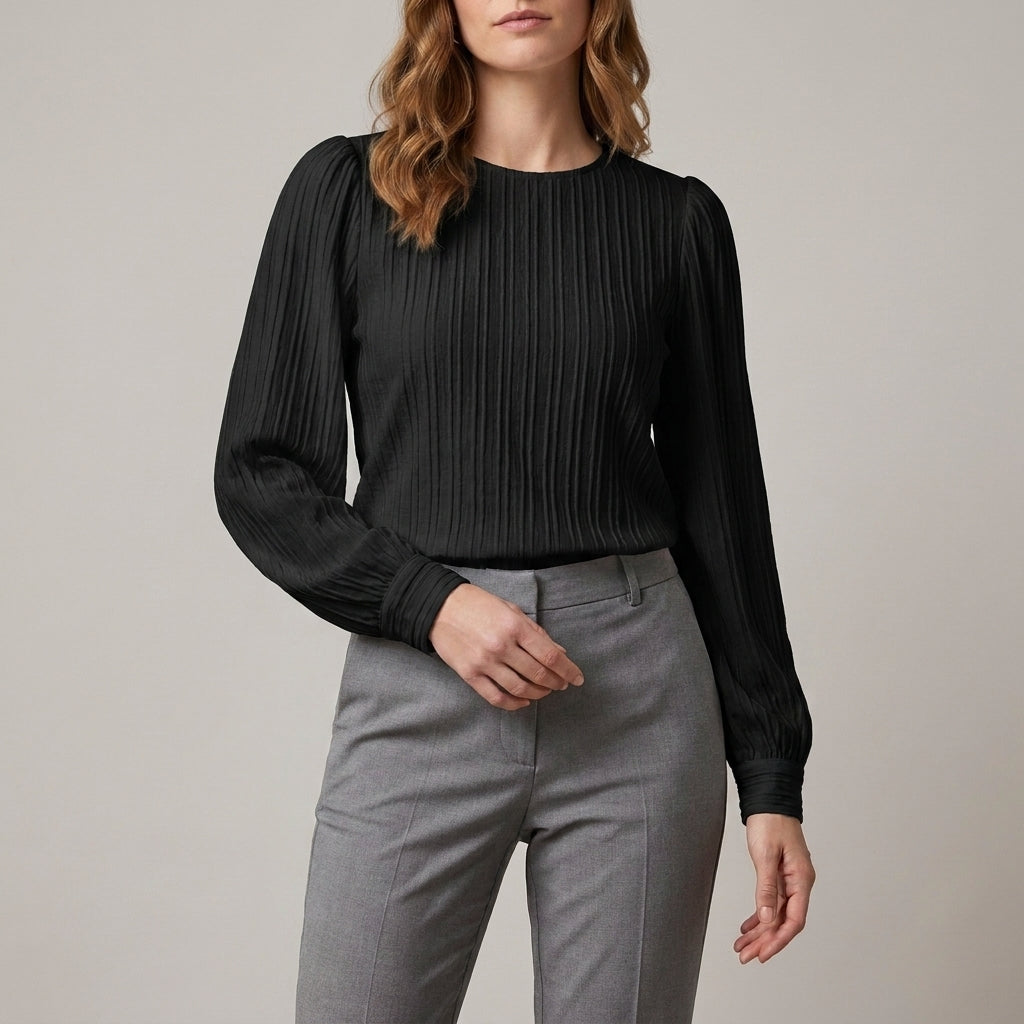Black long sleeve denim pleated summer blouse for women, stylish and lightweight top with a relaxed fit.