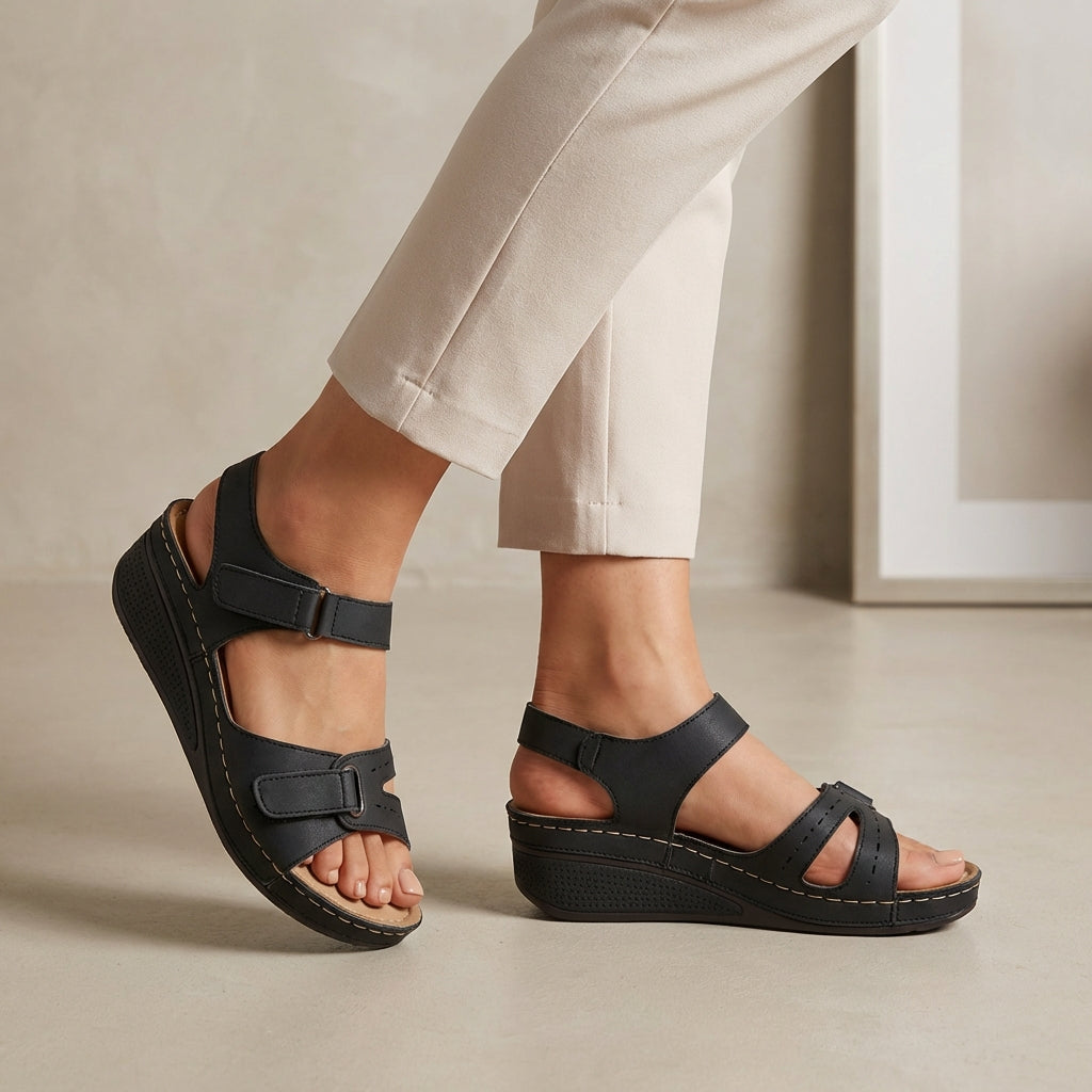 Black open-toe wedge-heel sandals for women by Tammy Bradley, showcasing stylish design and comfortable footwear.