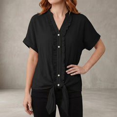 Black summer women's blouse with V-neck and ruffle details, casual denim top perfect for warm weather.