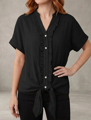 Black summer women's blouse with V-neck and ruffle details, casual denim top perfect for warm weather.