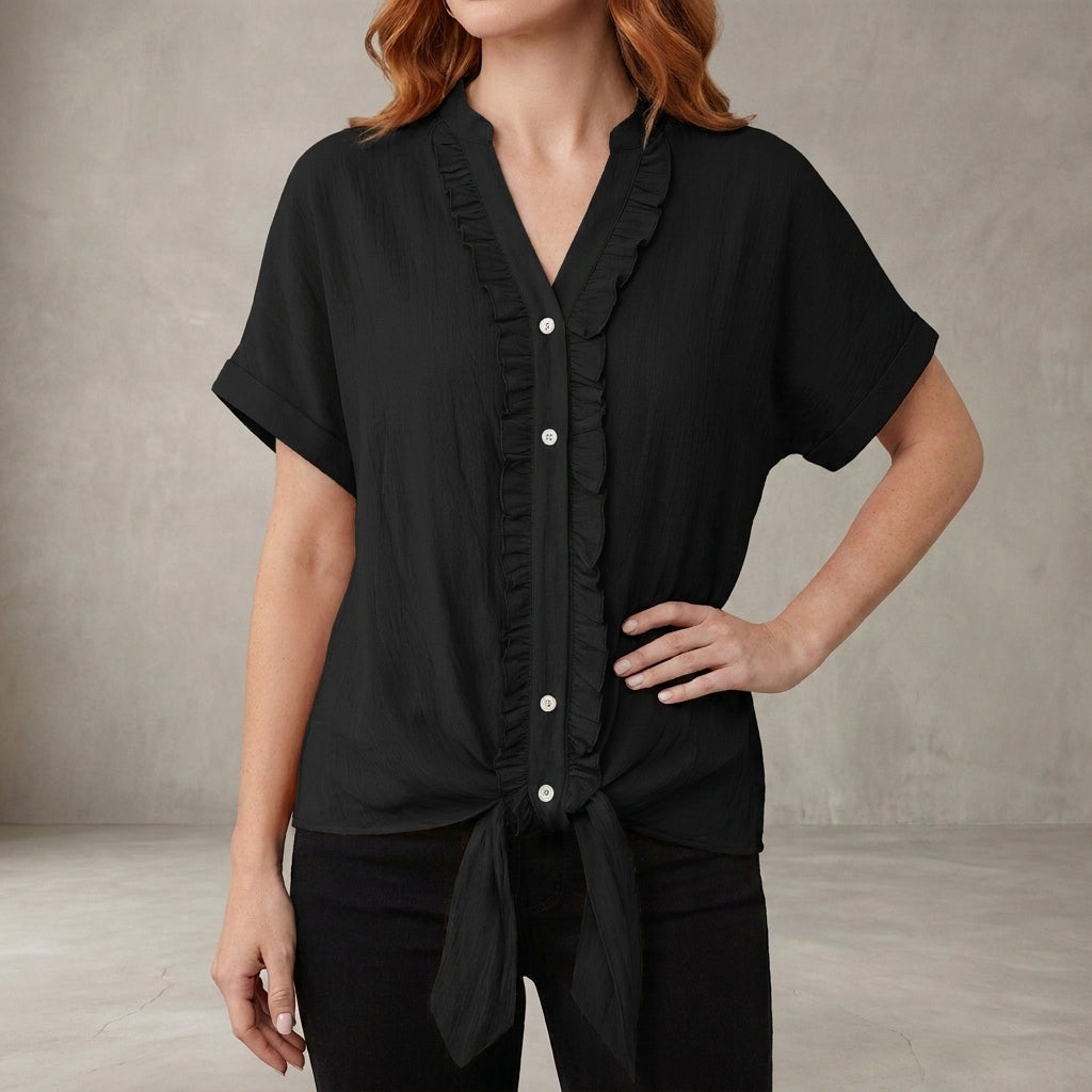Black summer women's blouse with V-neck and ruffle details, casual denim top perfect for warm weather.