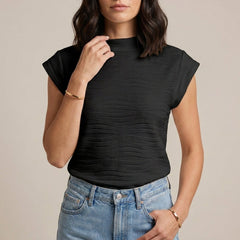 Black women's summer top with a high neck and cap sleeves, stylish and lightweight for warm weather.