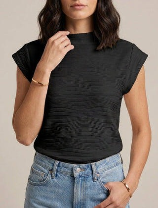 Black women's summer top with a high neck and cap sleeves, stylish and lightweight for warm weather.