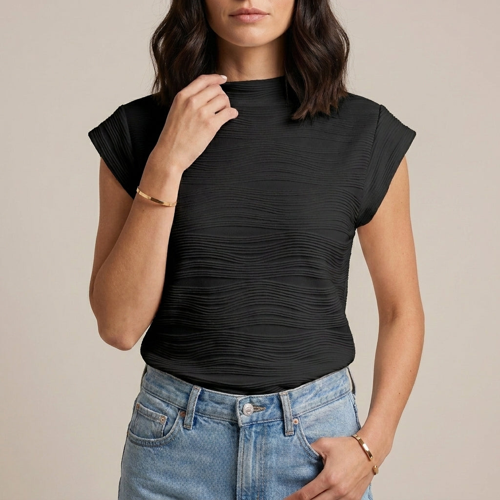 Black women's summer top with a high neck and cap sleeves, stylish and lightweight for warm weather.