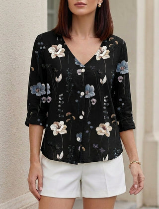 Black women's summer blouse with floral pattern, V-neck, denim fabric, and button front, perfect for casual warm-weather wear.
