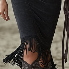 Black faux suede floral midi dress from My Store featuring a casual style, with a fitted bodice and flowy skirt.
