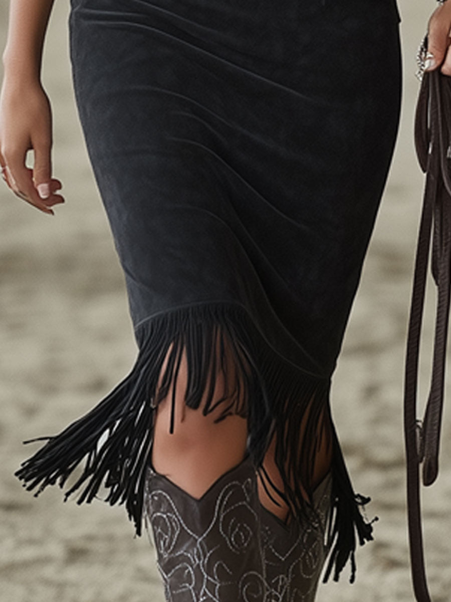 Black faux suede floral midi dress from My Store featuring a casual style, with a fitted bodice and flowy skirt.