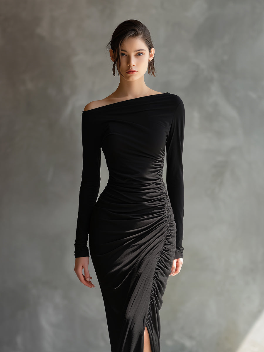 Black jersey ruched maxi dress, elegant evening dress with fitted silhouette and flowing length, designed by My Store.