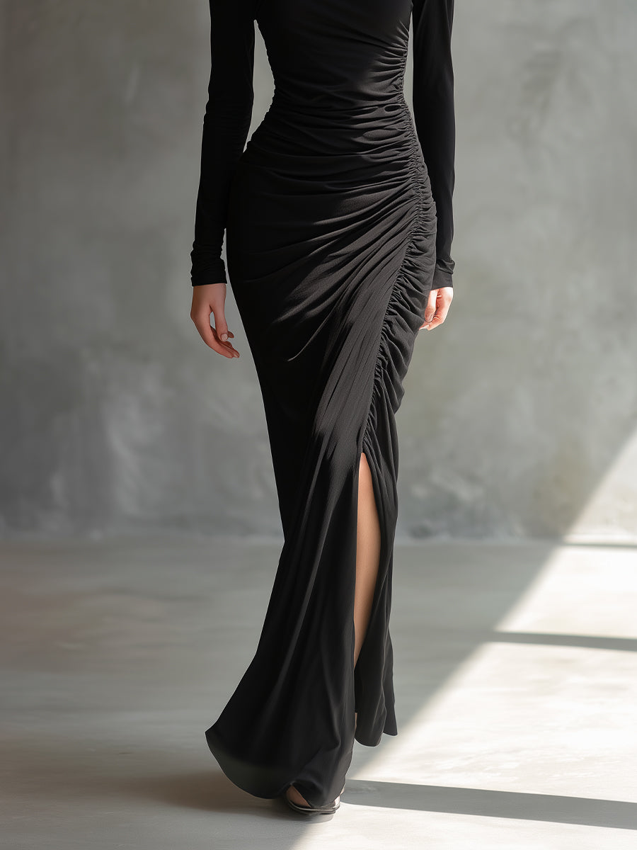 Black jersey ruched maxi dress, elegant evening dress with draped fabric and fitted waist, by My Store.