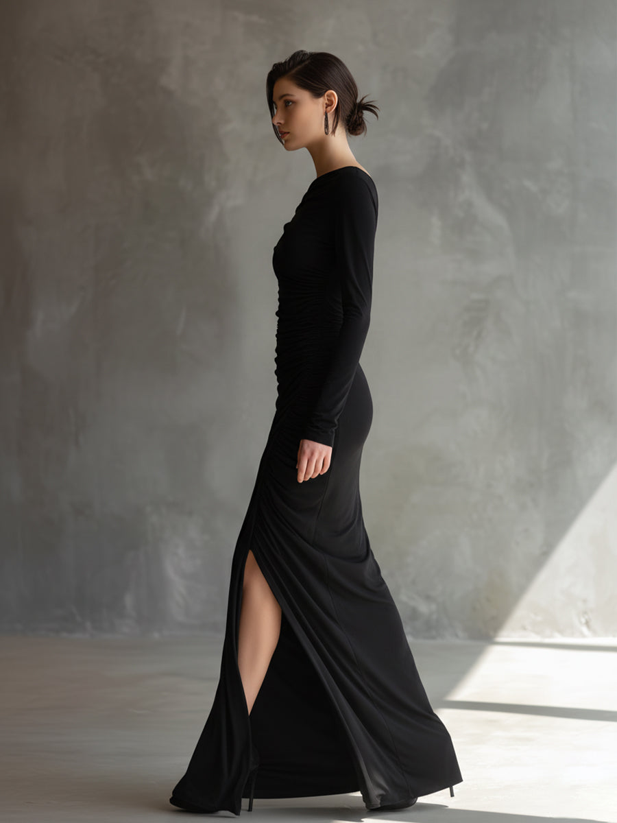 Black jersey ruched maxi dress, elegant evening dress with fitted bodice and flowing skirt, designed by My Store.