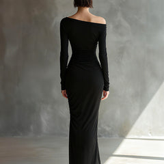 Black jersey ruched maxi dress from My Store, featuring a fitted bodice and flowing skirt, perfect for evening wear.