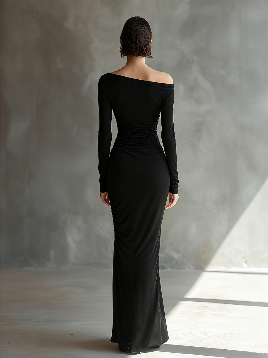 Black jersey ruched maxi dress from My Store, featuring a fitted bodice and flowing skirt, perfect for evening wear.