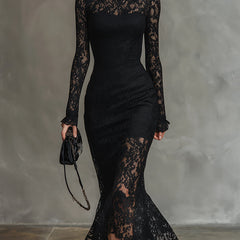 Black lace fishtail maxi dress from My Store, elegant evening dress with intricate lace details and a fitted silhouette.