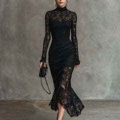 Black lace fishtail maxi evening dress with intricate lace details and elegant fit, perfect for formal occasions.
