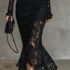 Black lace fishtail maxi dress by My Store, evening dress with fitted bodice and flowing skirt, elegant and stylish for formal occasions.