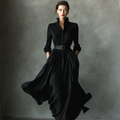 Black pleated maxi dress for women featuring flowing fabric and elegant design, perfect for formal or casual occasions.