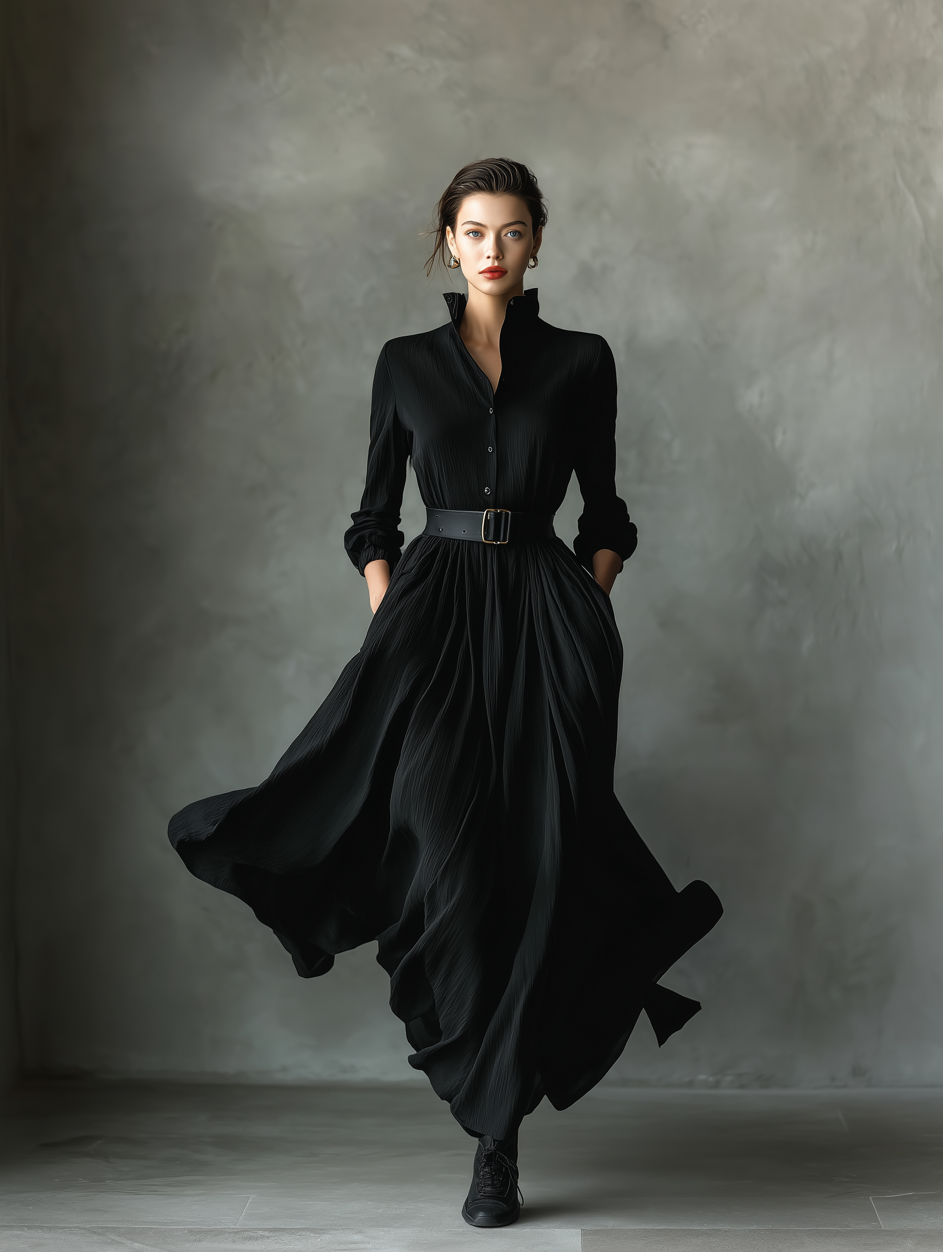 Black pleated maxi dress for women featuring flowing fabric and elegant design, perfect for formal or casual occasions.