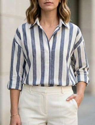 Black striped summer blouse for women with long sleeves, stylish and lightweight top from My Store.