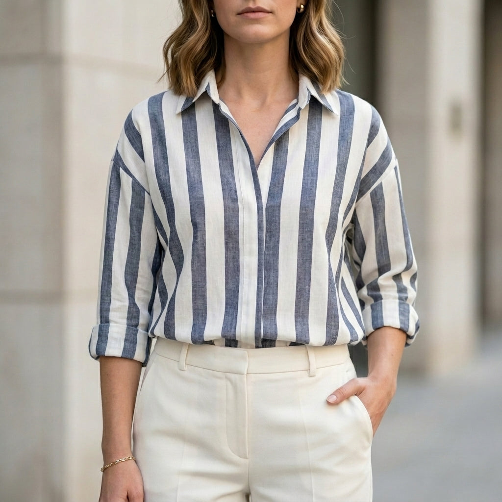 Black striped summer blouse for women with long sleeves, stylish and lightweight top from My Store.