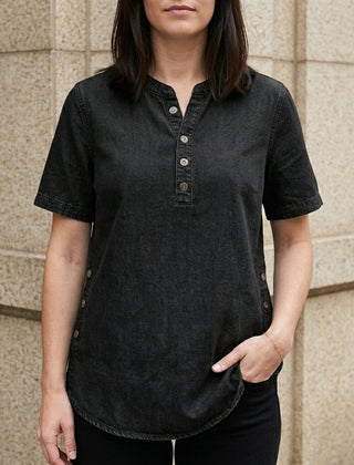 Black denim summer top for women with button-front design, stylish and lightweight for warm weather.