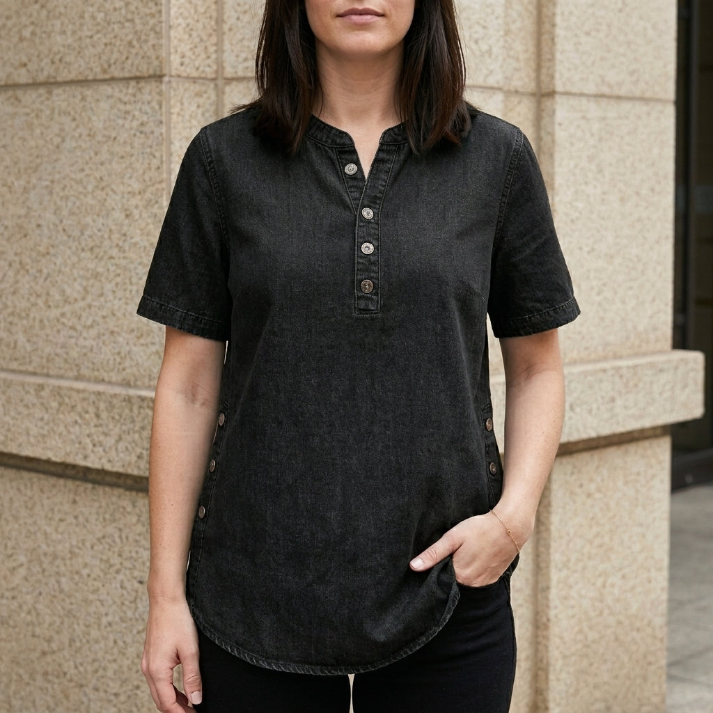 Black denim summer top for women with button-front design, stylish and lightweight for warm weather.