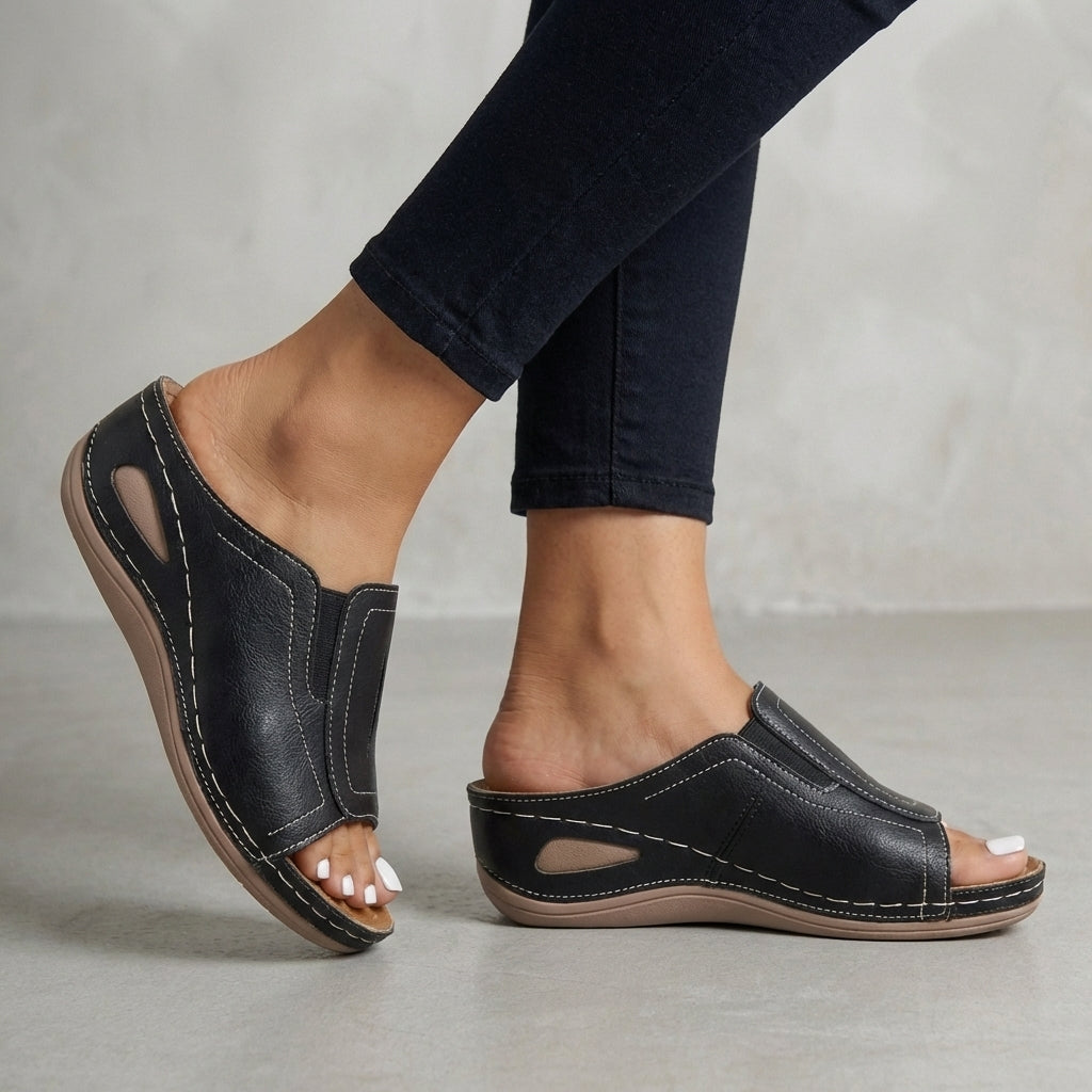 Black orthopedic wedge open-toe slide sandals for women with supportive design and comfortable fit by My Store