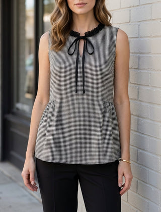 Black sleeveless gingham summer blouse for women, stylish top with a classic checkered pattern from My Store.