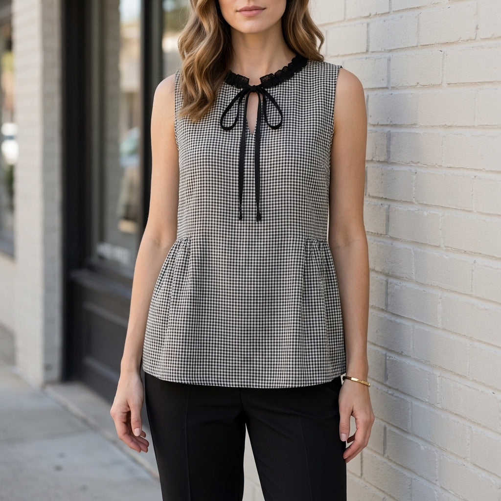 Black sleeveless gingham summer blouse for women, stylish top with a classic checkered pattern from My Store.