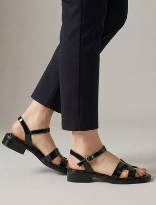 Black ankle-length flat sandals with ankle strap and buckle, stylish and comfortable footwear from My Store.