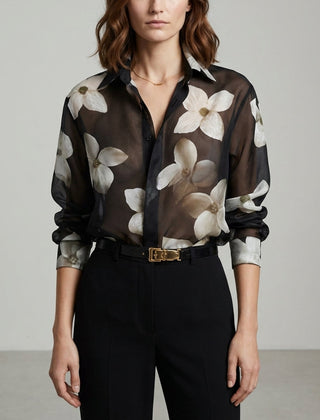Black floral long sleeve summer blouse for women, stylish top with a relaxed fit, perfect for warm weather and casual wear.