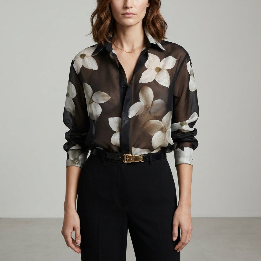 Black floral long sleeve summer blouse for women, stylish top with a relaxed fit, perfect for warm weather and casual wear.