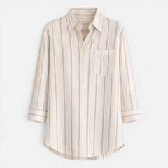 Lightweight women's striped button-down shirt with relaxed fit, casual style, featuring vertical stripes and long sleeves.