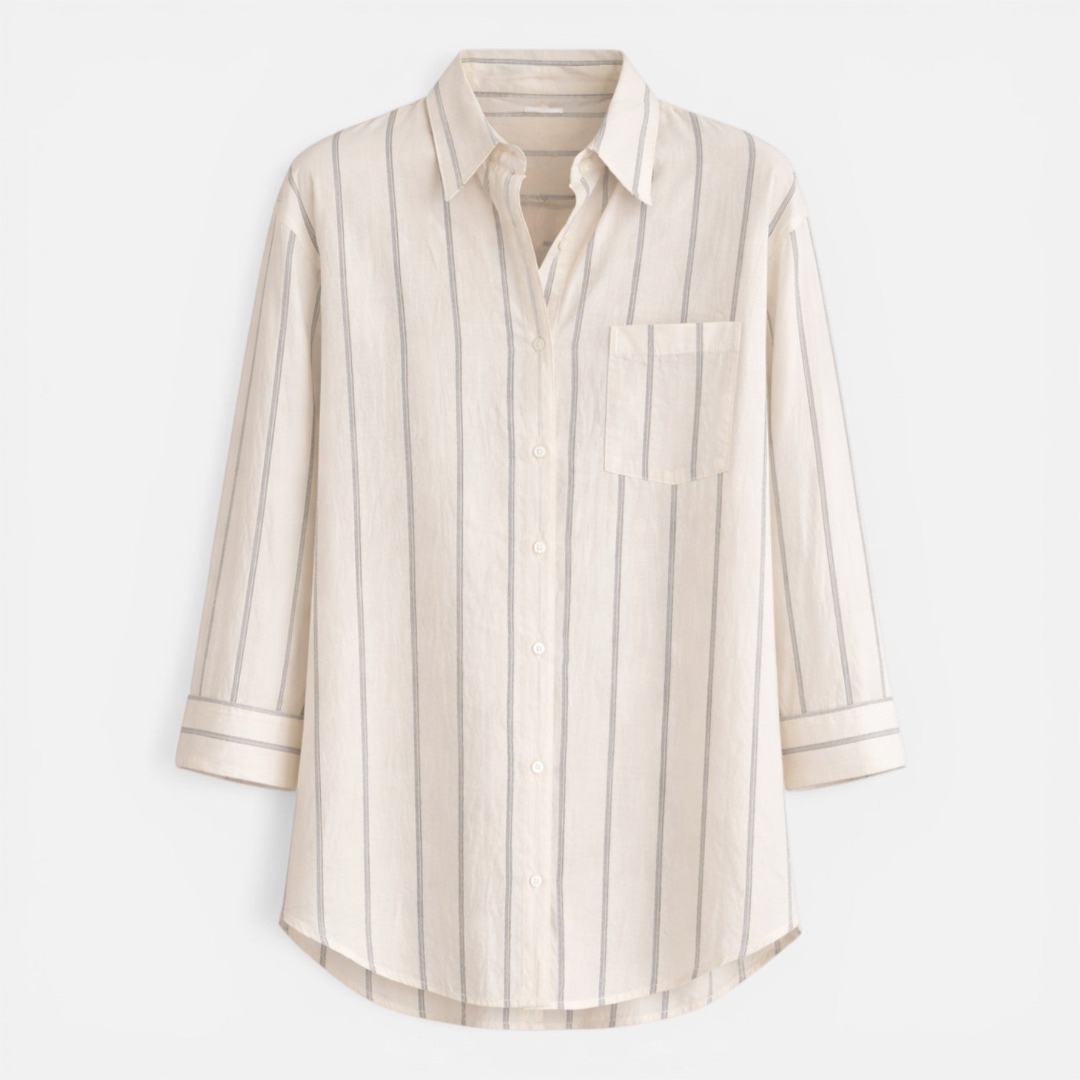 Lightweight women's striped button-down shirt with relaxed fit, casual style, featuring vertical stripes and long sleeves.