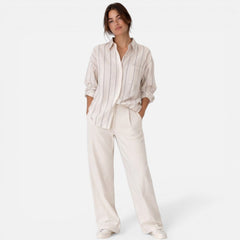 Women's relaxed fit striped button-down shirt with lightweight fabric, perfect for casual or office wear.