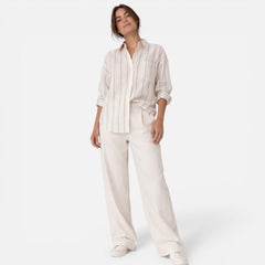 Lightweight women's striped button-down shirt with relaxed fit, ideal for casual wear. Featured in a stylish blouse image.