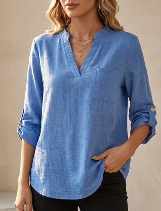 Blue women's summer blouse with a V-neck and flowy linen fabric, stylish top for warm weather from My Store.
