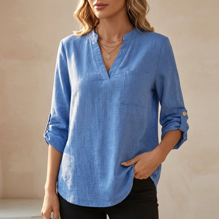 Blue women's summer blouse with a V-neck and flowy linen fabric, stylish top for warm weather from My Store.
