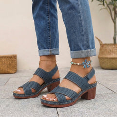 Blue orthopedic criss-cross slingback platform sandals for women with block heel, stylish and supportive footwear.