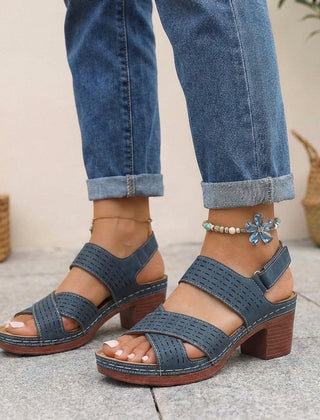 Blue orthopedic criss-cross slingback platform sandals for women with block heel, stylish and supportive footwear.